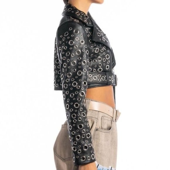 Miz 360: Circle of Life Cropped Grommet Vegan Leather Moto Jacket Large - Picture 7 of 13